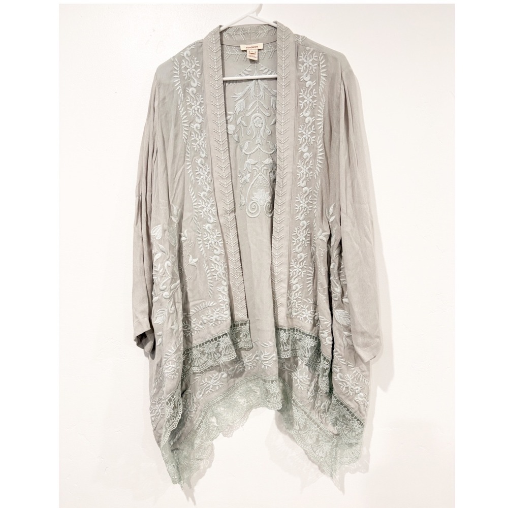 Sundance Embroidered Lace Trim Kimono Cardigan Sage Green Womens Large Boho